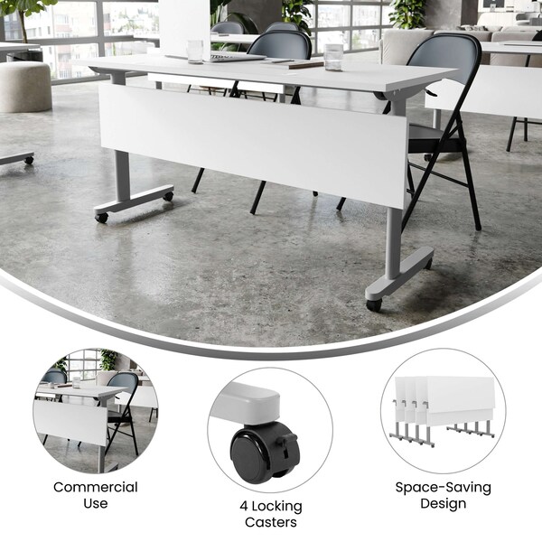Flash Furniture Palmer 60in. x 24in. HD Nesting Table w/T-Legs, Modesty Panel, 1in. Thick White Tabletop, Gry Frame - MT-M6024-T-LEG-WHTGRY-GG