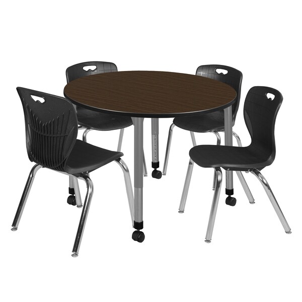 Regency Round Kee Mobile Adjustable Classroom Table W/ 4 Andy Chairs, 48 in W, 48 in L, Neo Walnut - TB48RNDNWAPCGY40BK
