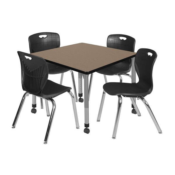 Regency Square Kee Mobile Adjustable Classroom Table W/ 4 Andy Chairs, 42 in W, 42 in L, Noble Oak - TB4242NOAPCGY40BK