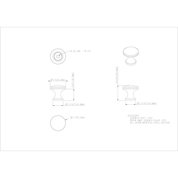 Elements By Hardware Resources 1" Diameter Satin Nickel Slade Cabinet Mushroom Knob - 3915-SN