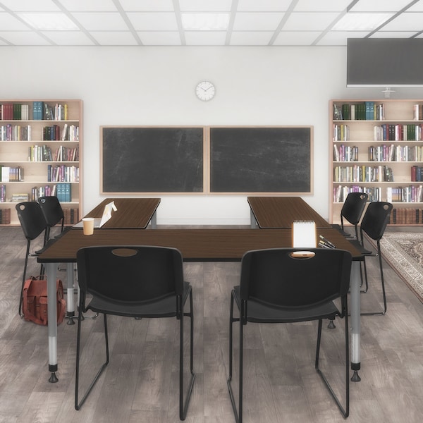 Regency Kee Adjustable Classroom Table W/ 2 Zeng Stack Chairs, 60 in W, 24 in L, Neo Walnut - MT6024NWAPGY44BK