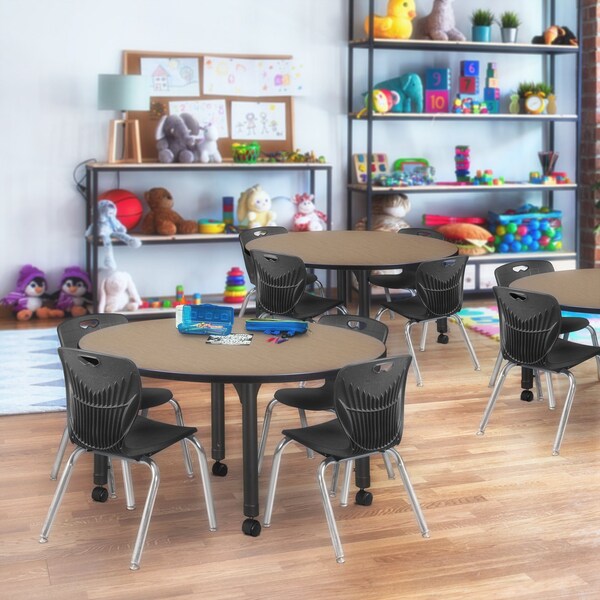 Regency Round Kee Mobile Adjustable Classroom Table W/ 4 Andy Chairs, 48 in W, 48 in L, Noble Oak - TB48RNDNOAPCBK45BK