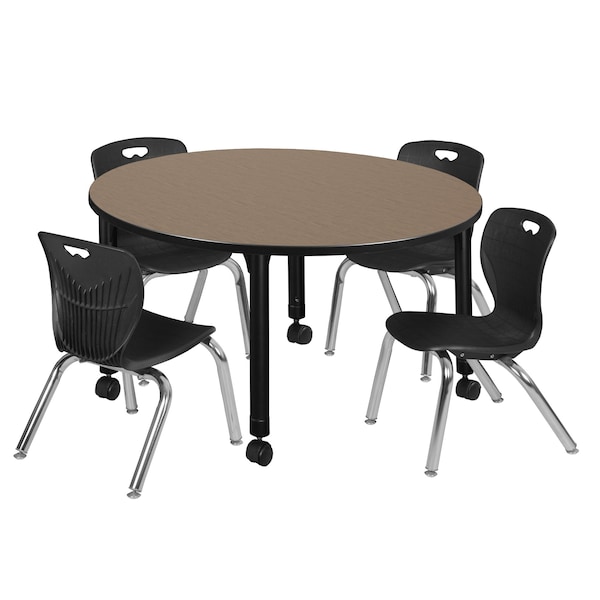 Regency Round Kee Mobile Adjustable Classroom Table W/ 4 Andy Chairs, 48 in W, 48 in L, Noble Oak - TB48RNDNOAPCBK45BK