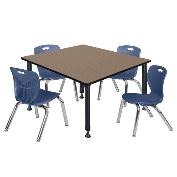 Regency Square Kee Adjustable Classroom Table W/ 4 Andy Stack Chairs, 48 in W, 48 in L, Noble Oak - TB4848NOAPBK45NV