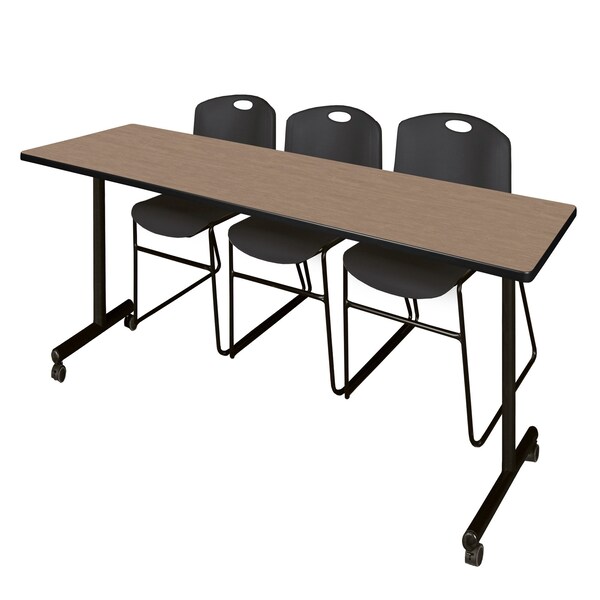Regency Kobe Mobile T-Base Training Table W/ 2 Zeng Stack Chairs, 84 in W, 24 in L, Noble Oak - MKTRCC8424NO44BK