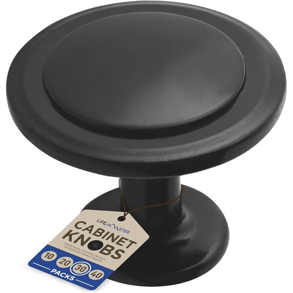 Lifemaster 1-1/4in Kitchen Cabinet Knobs, Rust-Proof Matte Black, Zinc Alloy, Easy Install, 60 Screws, 30PK - LMKNBBLK30