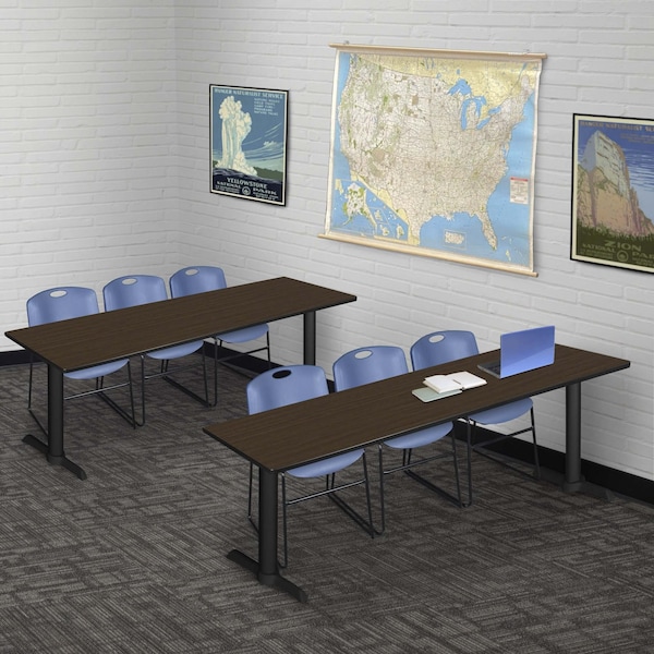Regency Cain T-Base Training Seminar Table W/ 3 Zeng Stack Chairs, 84 in W, 24 in L, Neo Walnut - MTRCT8424NW44BE