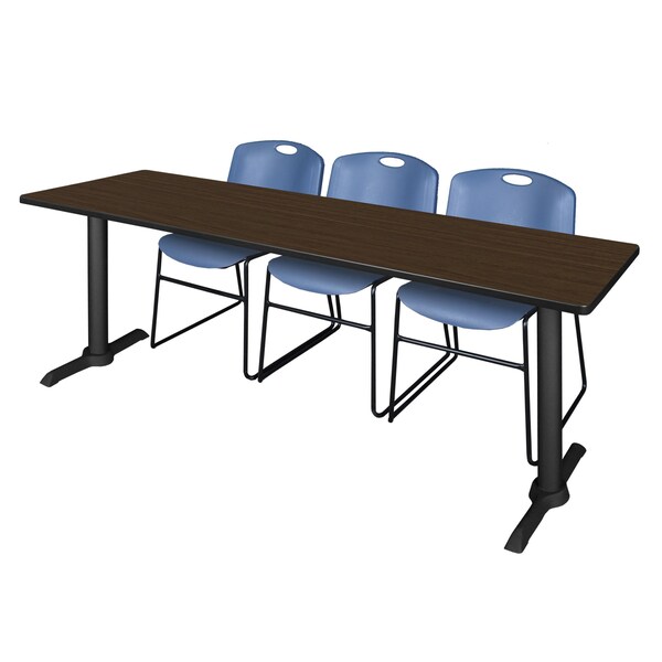 Regency Cain T-Base Training Seminar Table W/ 3 Zeng Stack Chairs, 84 in W, 24 in L, Neo Walnut - MTRCT8424NW44BE