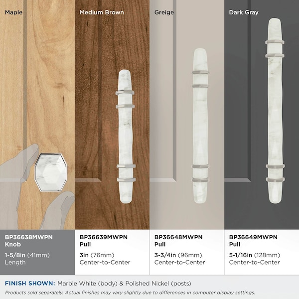 Amerock Carrione 1-5/8 inch 41mm Length Marble White/Polished Nickel Cabinet Knob - BP36638MWPN
