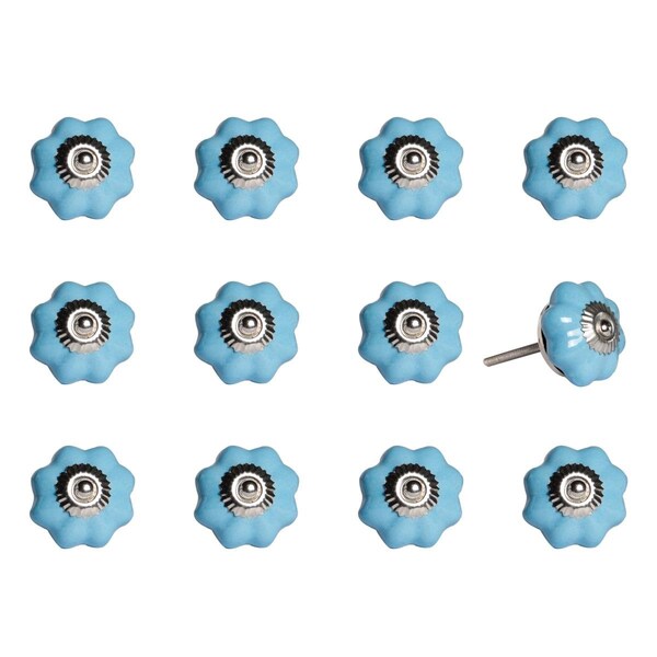 Knob-It Vintage Handpainted Flower Ceramic Knob Set, Light Blue, 12PK - 676685032799