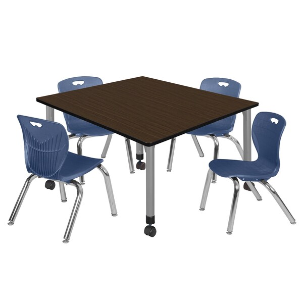 Regency Square Kee Mobile Adjustable Classroom Table W/ 4 Andy Chairs, 48 in W, 48 in L, Neo Walnut - TB4848NWAPCGY45NV