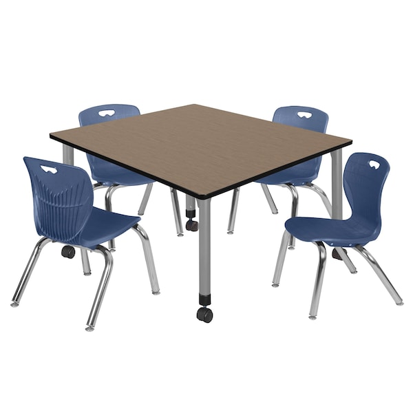 Regency Square Kee Mobile Adjustable Classroom Table W/ 4 Andy Chairs, 48 in W, 48 in L, Noble Oak - TB4848NOAPCGY45NV