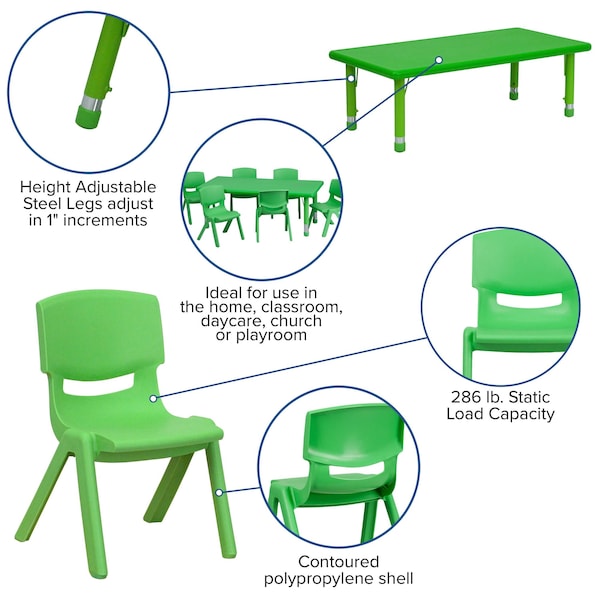 Flash Furniture Rectangle Activity Table, 24 W, 48 L, 23.75 H, Plastic, Steel, Green - YU-YCX-0013-2-RECT-TBL-GREEN-E-GG