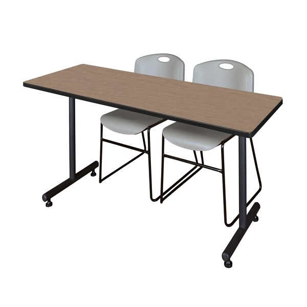 Regency Kobe T-Base Training Seminar Table W/ 2 Zeng Stack Chairs, 66 in W, 30 in L, Noble Oak - MKTRCT6630NO44GY
