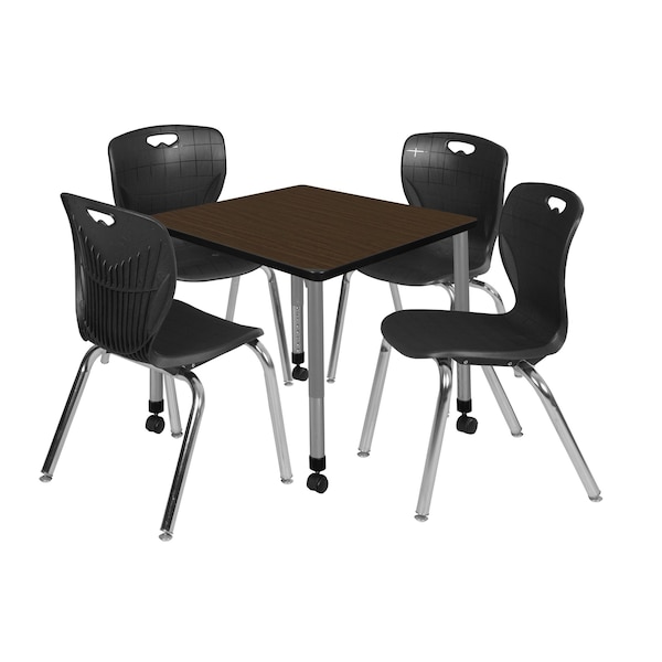 Regency Square Kee Mobile Adjustable Classroom Table W/ 4 Andy Chairs, 30 in W, 30 in L, Neo Walnut - TB3030NWAPCGY40BK