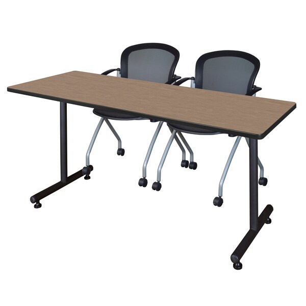 Regency Kobe T-Base Training Seminar Table W/ 2 Cadence Stack Chairs, 60 in W, 24 in L, Noble Oak - MKTRCT6024NO23BK