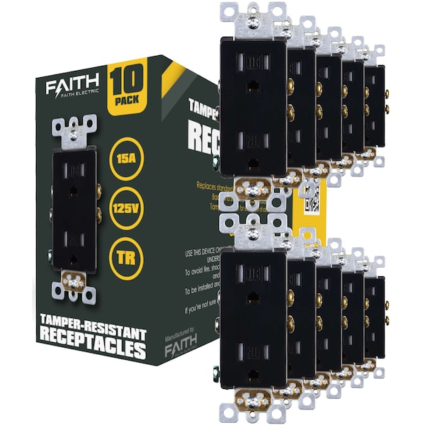 Salida resistente a manipulaciones de Faith, tomacorrientes decorativos de 15A 125V, certificados por UL, color negro, paquete de 10 - SSRE1TR-BK-10