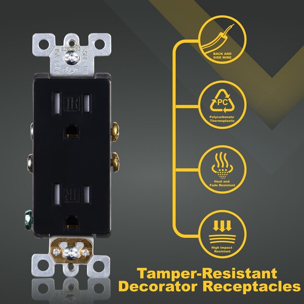 Salida resistente a manipulaciones de Faith, tomacorrientes decorativos de 15A 125V, certificados por UL, color negro, paquete de 10 - SSRE1TR-BK-10