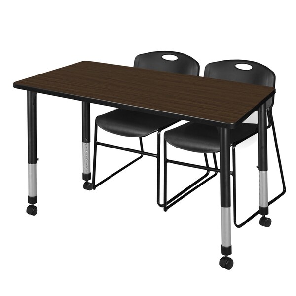 Regency Kee Mobile Adjustable Classroom Table W/ 2 Zeng Stack Chairs, 48 in W, 24 in L, Neo Walnut - MT4824NWAPCBK44BK