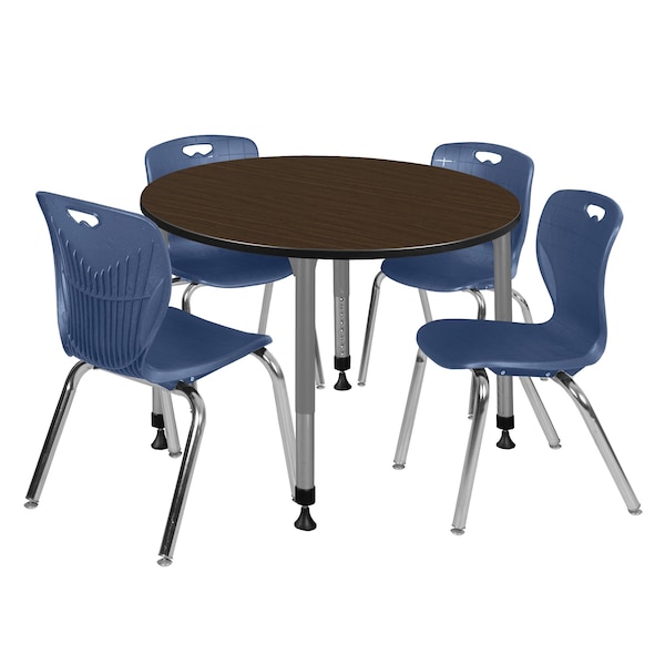 Regency Round Kee Adjustable Classroom Table W/ 4 Andy Stack Chairs, 48 in W, 48 in L, Neo Walnut - TB48RNDNWAPGY40NV