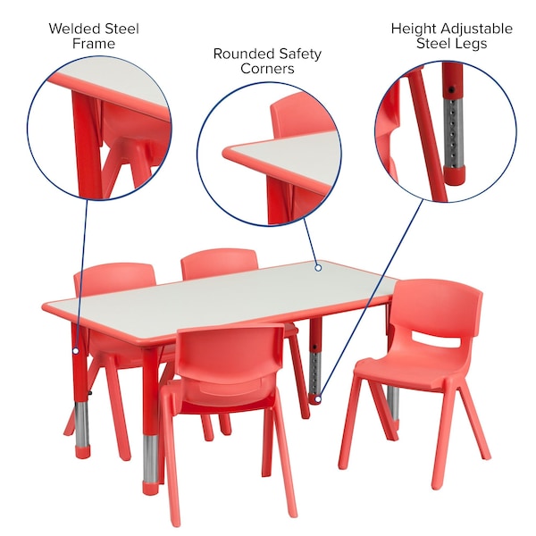 Flash Furniture Rectangle Table Set, 23.625 W, 47.25 L, 23.5 H, Plastic, Steel, Grey - YU-YCY-060-0034-RECT-TBL-RED-GG