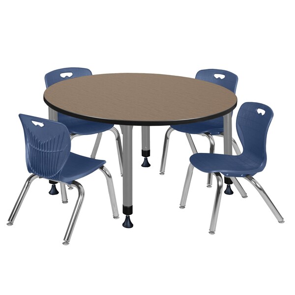 Regency Round Kee Adjustable Classroom Table W/ 4 Andy Stack Chairs, 48 in W, 48 in L, Noble Oak - TB48RNDNOAPGY45NV