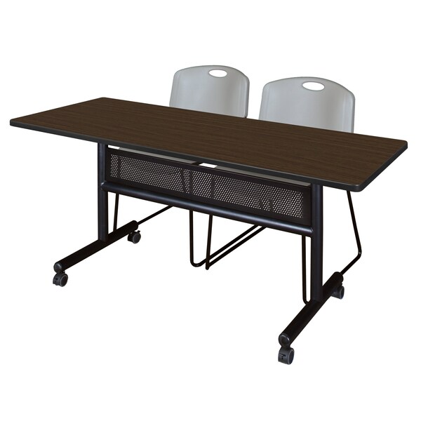 Regency Kobe Flip-Top Privacy Nesting Table W/ 2 Zeng Stack Chairs, 60 in W, 24 in L, Neo Walnut - MKFTM6024NW44GY
