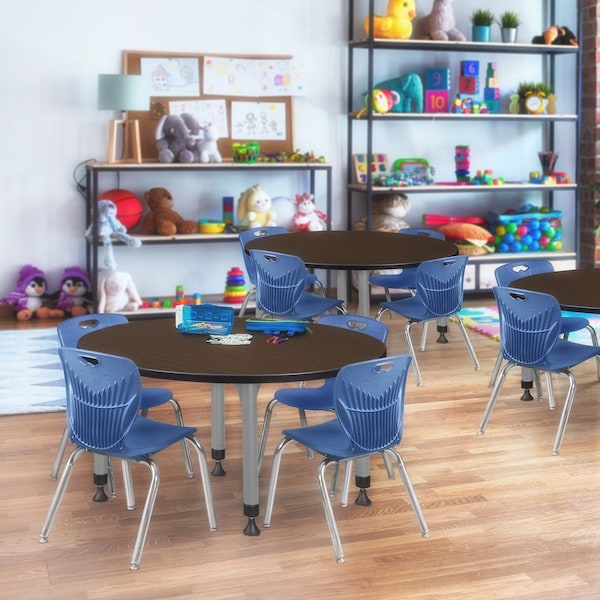 Regency Round Kee Adjustable Classroom Table W/ 4 Andy Stack Chairs, 48 in W, 48 in L, Neo Walnut - TB48RNDNWAPGY45NV