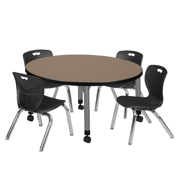 Regency Round Kee Mobile Adjustable Classroom Table W/ 4 Andy Chairs, 42 in W, 42 in L, Noble Oak - TB42RNDNOAPCGY45BK