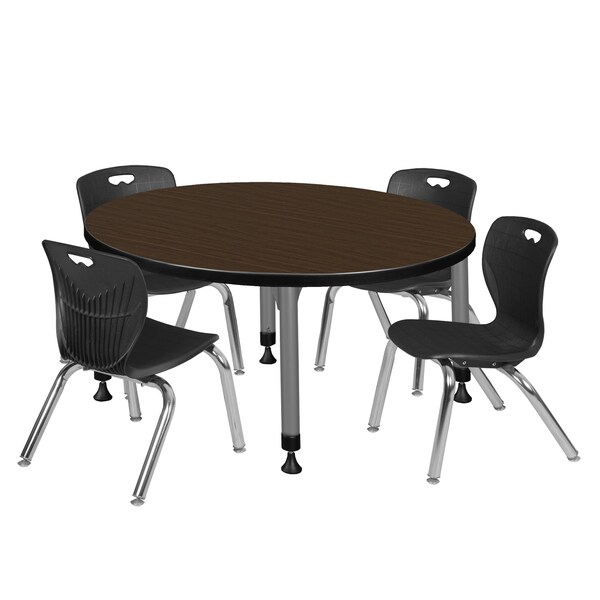 Regency Round Kee Adjustable Classroom Table W/ 4 Andy Stack Chairs, 36 in W, 36 in L, Neo Walnut - TB36RNDNWAPGY45BK