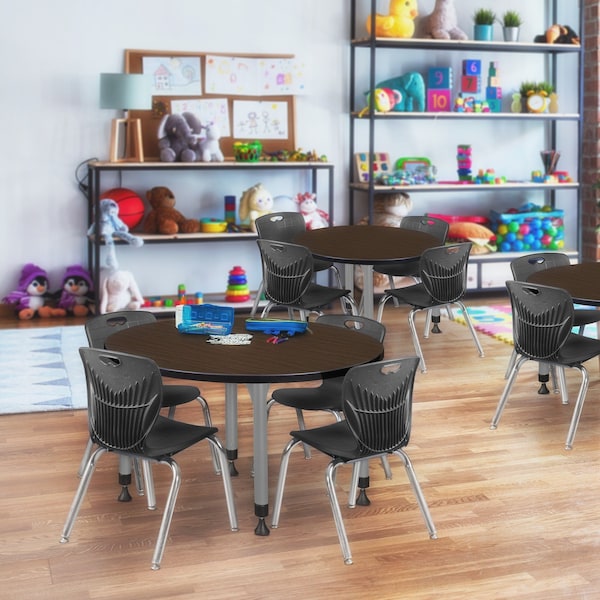 Regency Round Kee Adjustable Classroom Table W/ 4 Andy Stack Chairs, 36 in W, 36 in L, Neo Walnut - TB36RNDNWAPGY45BK