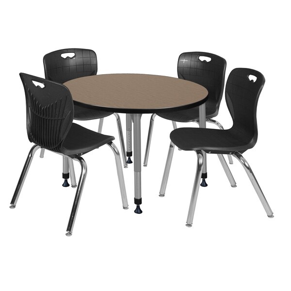 Regency Round Kee Adjustable Classroom Table W/ 4 Andy Stack Chairs, 36 in W, 36 in L, Noble Oak - TB36RNDNOAPGY40BK