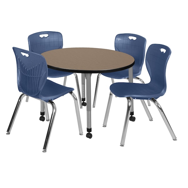 Regency Round Kee Mobile Adjustable Classroom Table W/ 4 Andy Chairs, 36 in W, 36 in L, Noble Oak - TB36RNDNOAPCGY40NV