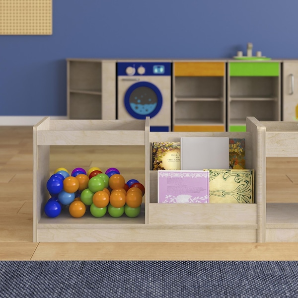 Flash Furniture Bright Beginnings Commercial Grade Modular Double Sided 2 Tier Wooden Classroom Book Display Shelf with Transparent Storage Bin, Natural - MK-KE20789-GG