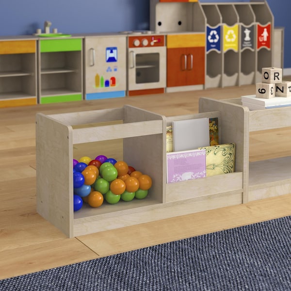 Flash Furniture Bright Beginnings Commercial Grade Modular Double Sided 2 Tier Wooden Classroom Book Display Shelf with Transparent Storage Bin, Natural - MK-KE20789-GG