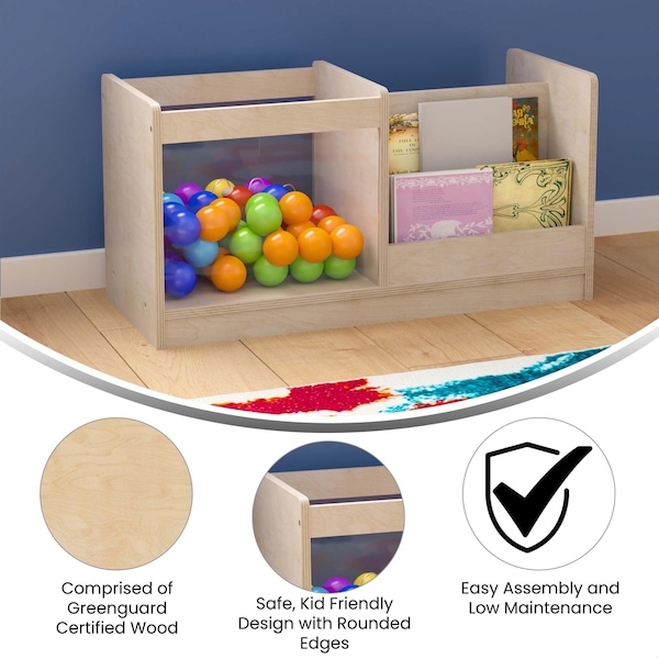 Flash Furniture Bright Beginnings Commercial Grade Modular Double Sided 2 Tier Wooden Classroom Book Display Shelf with Transparent Storage Bin, Natural - MK-KE20789-GG
