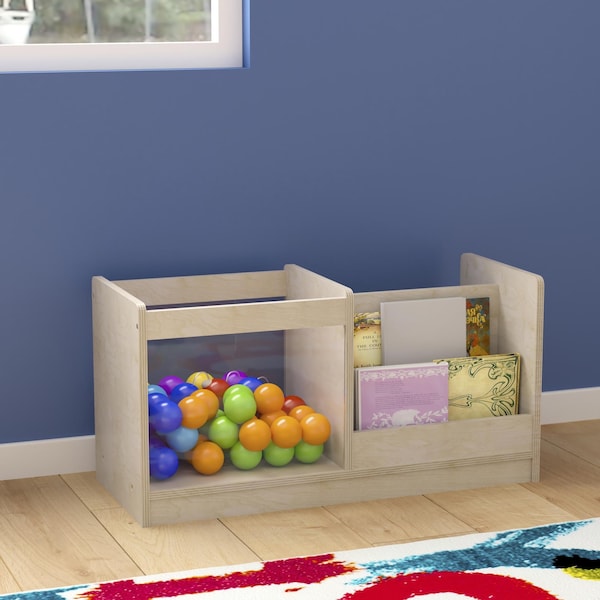 Flash Furniture Bright Beginnings Commercial Grade Modular Double Sided 2 Tier Wooden Classroom Book Display Shelf with Transparent Storage Bin, Natural - MK-KE20789-GG