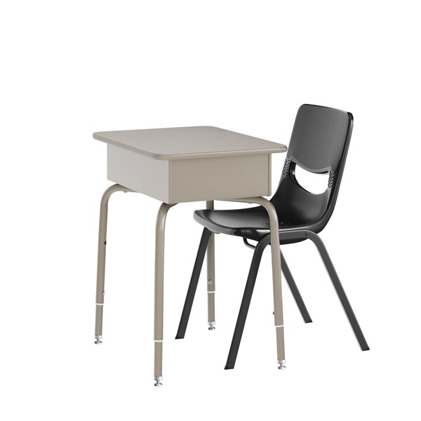 Flash Furniture HERCULES Student Desk w/Open Front Metal Book Box, Gray Desktop, Silver Frame and Black Stack Chair - FD-DESK-GYG-SCH3BB-GG