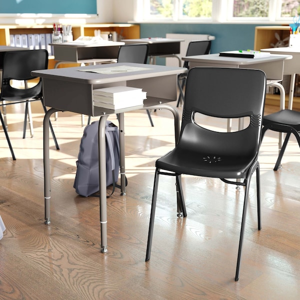 Flash Furniture HERCULES Student Desk w/Open Front Metal Book Box, Gray Desktop, Silver Frame and Black Stack Chair - FD-DESK-GYG-SCH3BB-GG