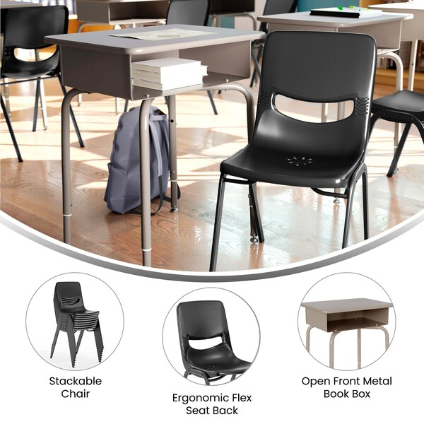 Flash Furniture HERCULES Student Desk w/Open Front Metal Book Box, Gray Desktop, Silver Frame and Black Stack Chair - FD-DESK-GYG-SCH3BB-GG