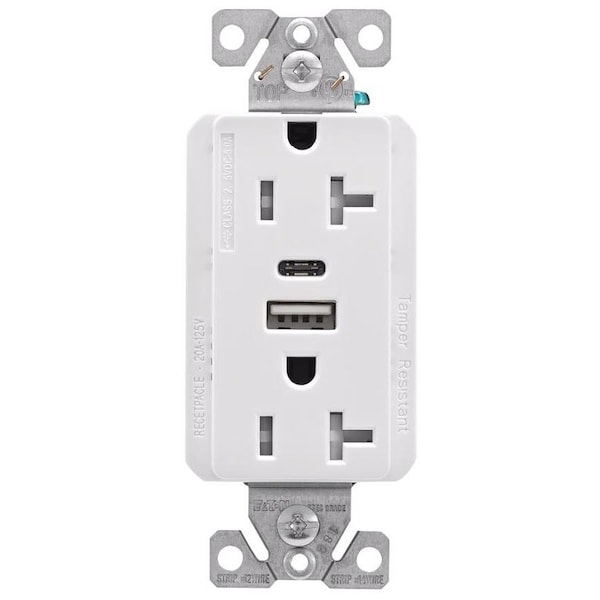 Receptáculo Eaton Wiring Devices TRUSBAC20, 2 Polos, 5 A, 125 VCA, 2 Puertos USB, Tipo A, C USB, Blanco - TRUSBAC20W-K-L