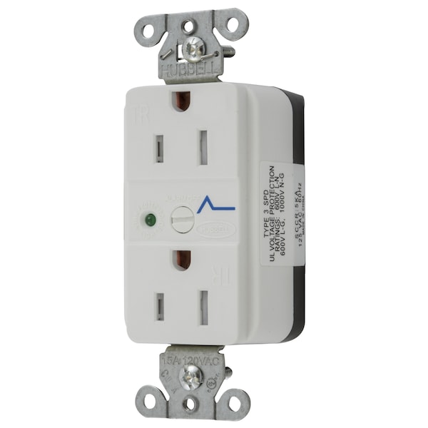 Dispositivos de hoja recta de Hubbell Wiring Device-Kellems, receptáculos, dúplex, SNAPConnect, supresión de sobretensiones, resistente a manipulaciones, indicador LED, 15A 125V, 5-15R - SNAP5262WS