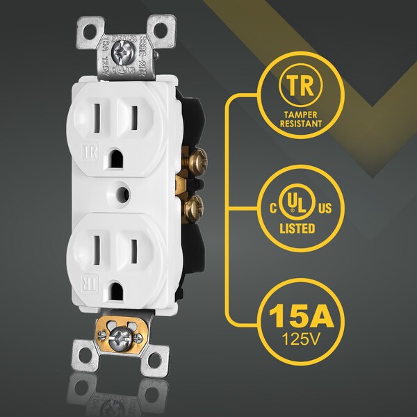 Salida dúplex de receptáculo Faith, salida de 3 clavijas a prueba de manipulaciones, 15A 125V, certificada por UL, color blanco, paquete de 10 - SSRE2TR-WH-10