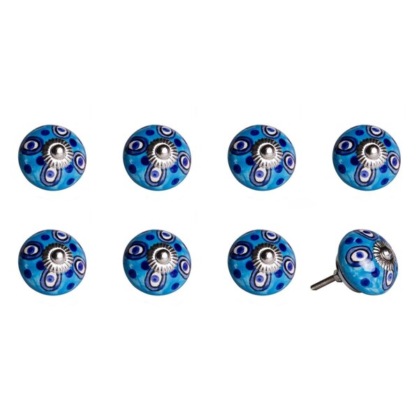 Knob-It Vintage Hand Painted Ceramic Round Knob Set, Blue, 8PK - 676685045010