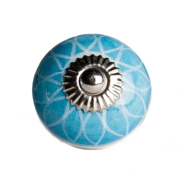 Homeroots Aqua & White Ceramic; Metal Knob - 1.5 x 1.5 x 1.5 in.; Pack of 8 - 358112