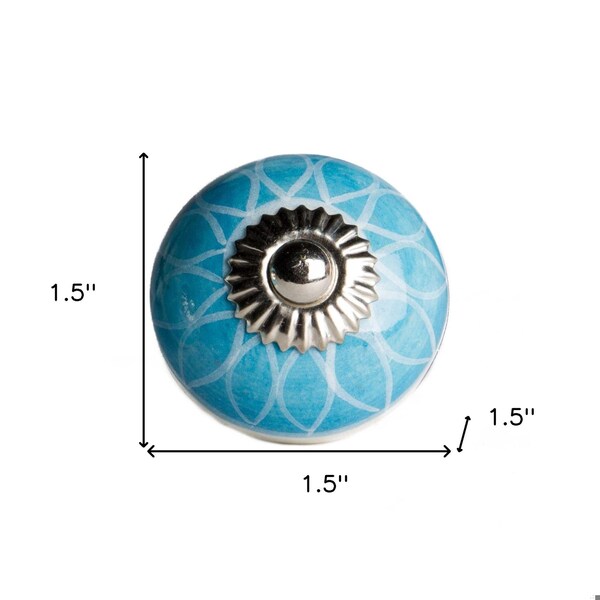 Homeroots Aqua & White Ceramic; Metal Knob - 1.5 x 1.5 x 1.5 in.; Pack of 8 - 358112