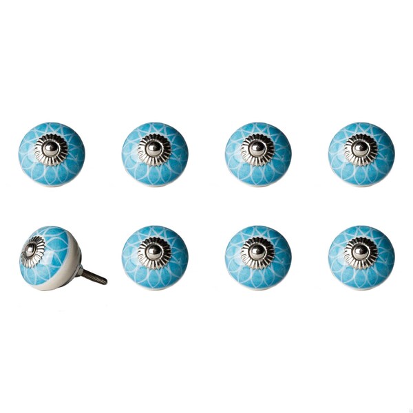 Homeroots Aqua & White Ceramic; Metal Knob - 1.5 x 1.5 x 1.5 in.; Pack of 8 - 358112