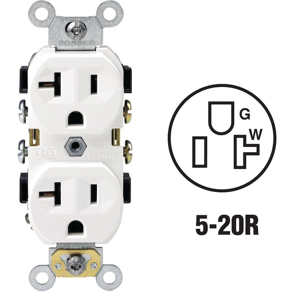 Salida dúplex de grado comercial poco profunda blanca de 20 amperios Leviton 5-20R - S02-0BR20-0WS