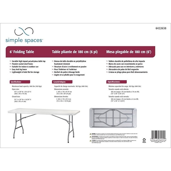 Simple Spaces Banquet Table, 6 ft OAW, 30 in OAD, 2914 in OAH, Steel Frame, Polyethylene Tabletop - TBL-040