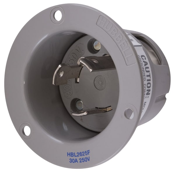 Dispositivos de bloqueo Hubbell Wiring Device-Kellems, Twist-Lock®, Inlet con brida Insulgrip®, 30A, 250V CA, 2 Polos, 3 cables de conexión a tierra, NEMA L6-30P, nylon gris estabilizado al calor - HBL2625F
